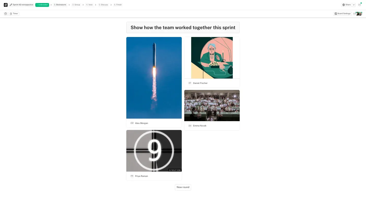 All the answers of the round revealed at once: four GIFs with the names of the participants who picked them