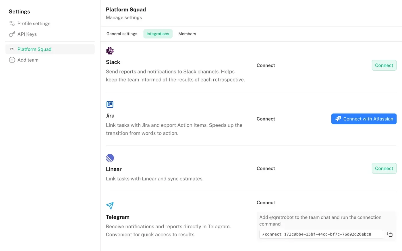 Team integrations tab with Slack, Jira, Linear and Telegram