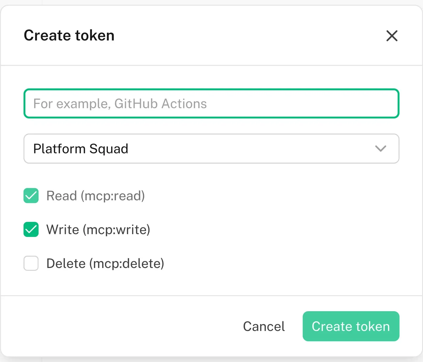 Create token dialog: token name, team binding and the mcp:read / mcp:write / mcp:delete scopes