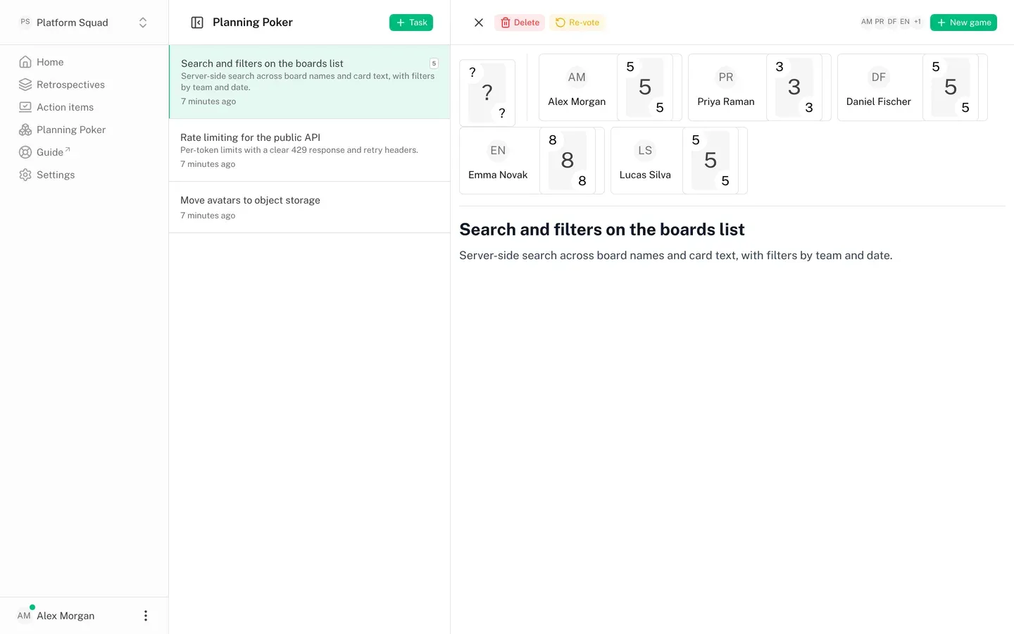 Planning poker game: task list on the left, revealed participant cards on the right