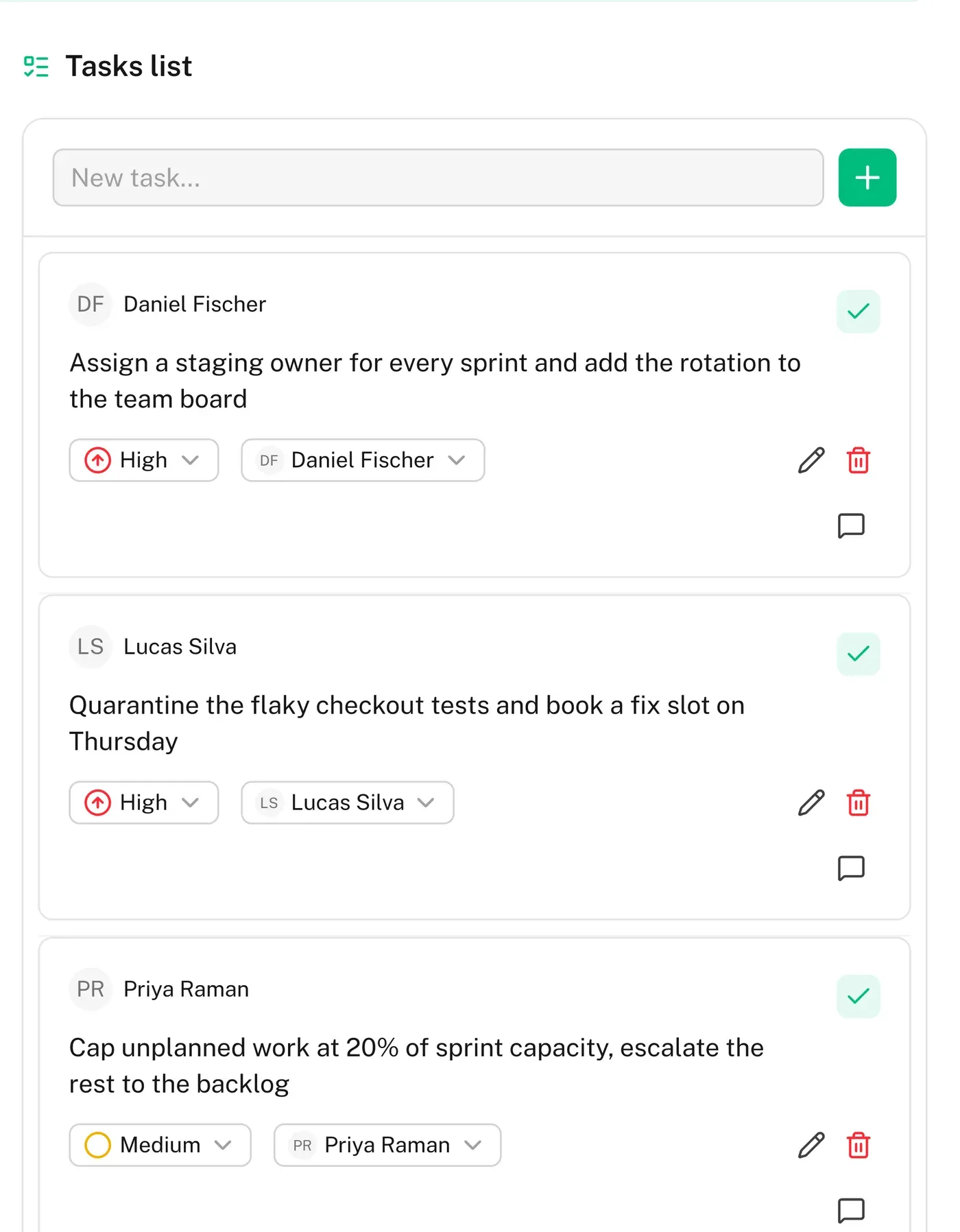 Action items list with priority and assignee on each task