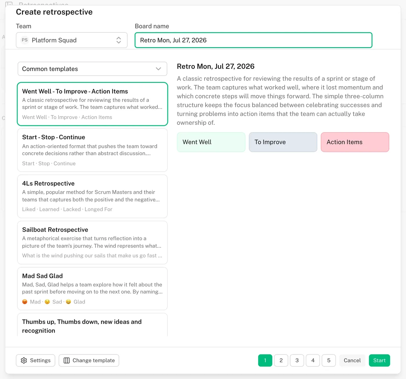 Create retrospective dialog with the template list and a preview of the selected template's columns