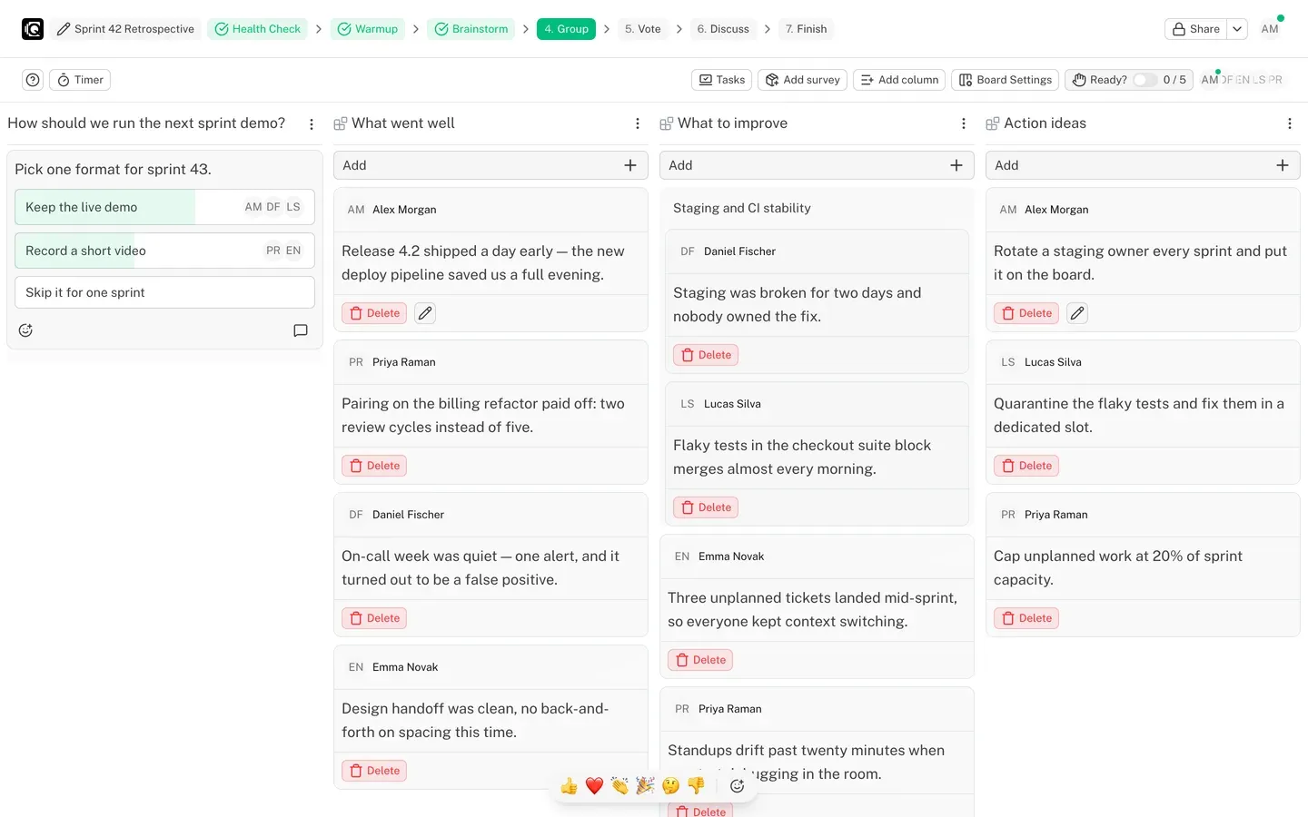 Grouping stage: two related cards merged into the "Staging and CI stability" group