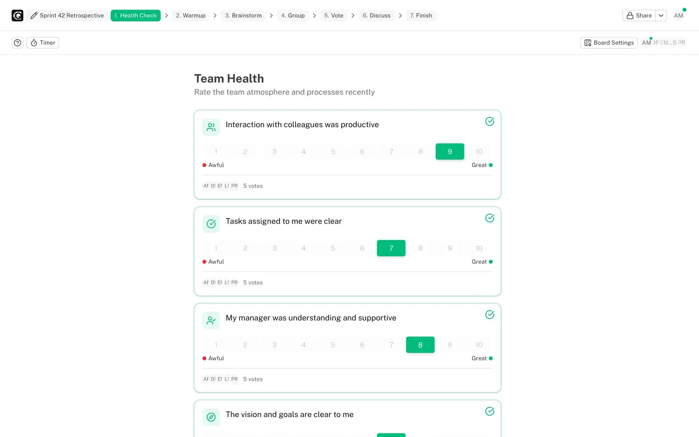 Health Check stage: each statement is rated from 1 to 10, with avatars of participants who already voted