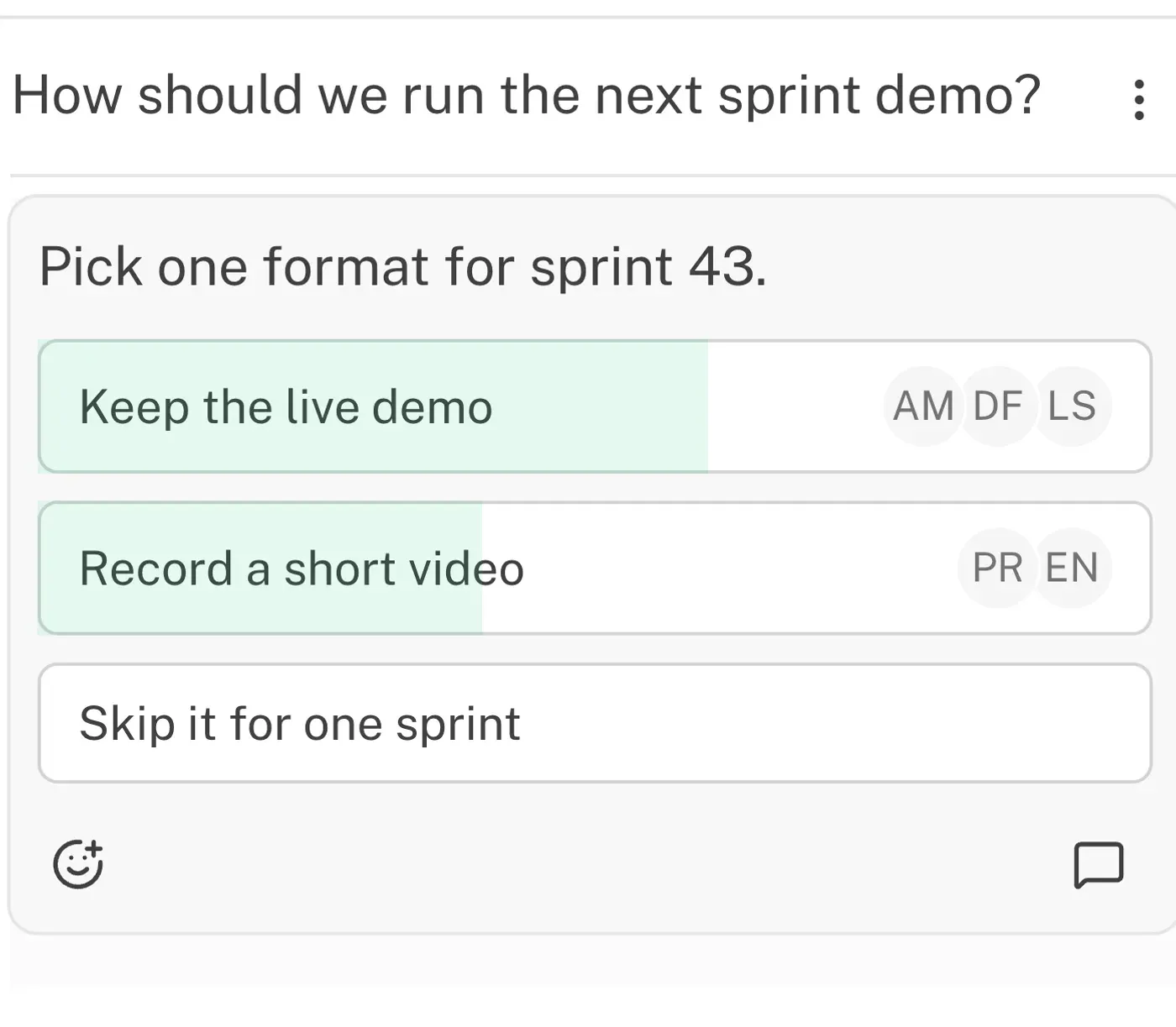 Survey on the board: answer options with vote shares and avatars of the participants who voted
