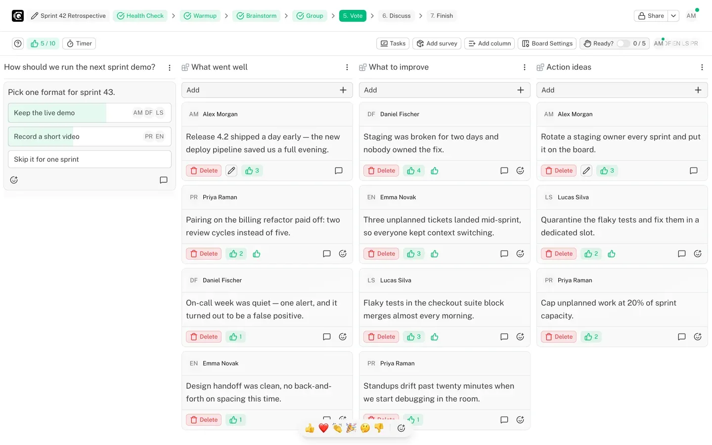 Voting stage: vote counters on cards and the remaining vote budget in the toolbar