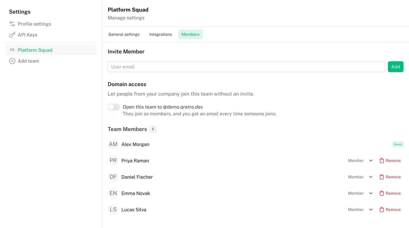 Team members tab with invite field, domain access toggle and the participants list